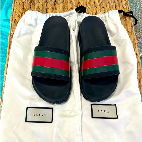 AUTHENTIC GUCCI Slides Mens 5 • Women 7 - 7.5 Like NEW Black with Green & Red - Picture 1 of 14